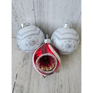 Peppermint reflector glitter silver white ball ornament lot set Xmas tree